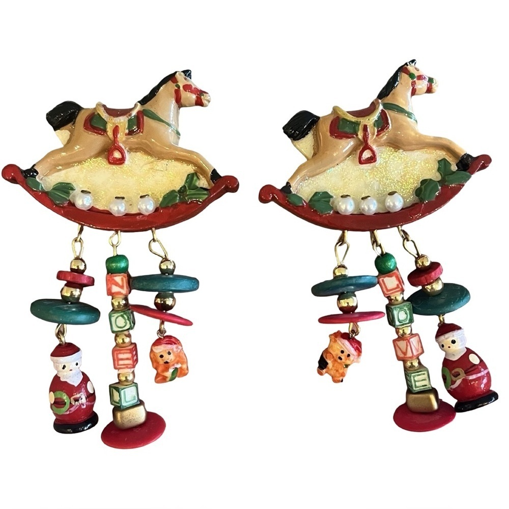 Vintage Christmas Holiday Rocking Horse With Charms Earrings - Picture 1 of 3